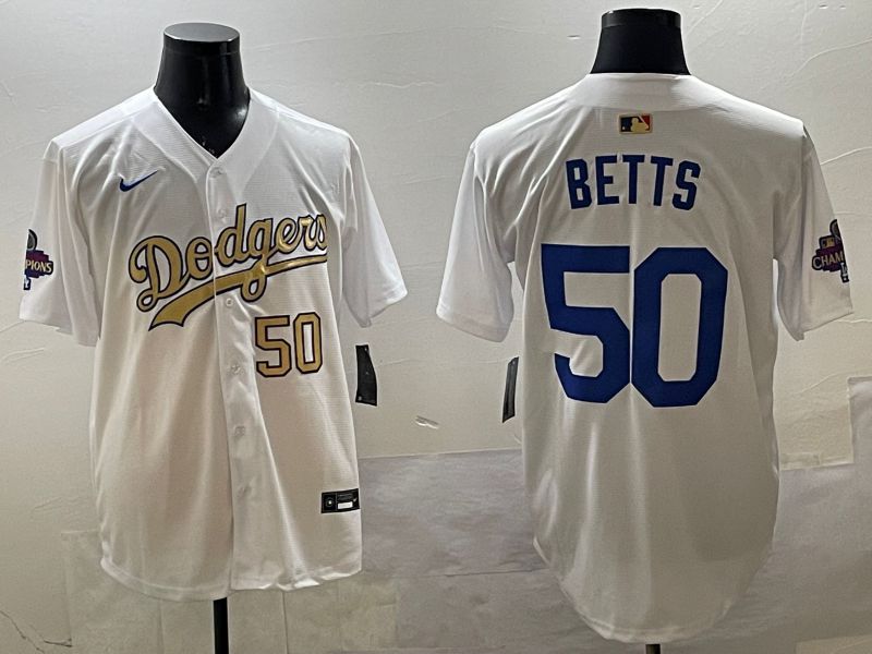 Men Los Angeles Dodgers 50 Betts White Champion gold character 2025 Nike MLB Jersey style 3317